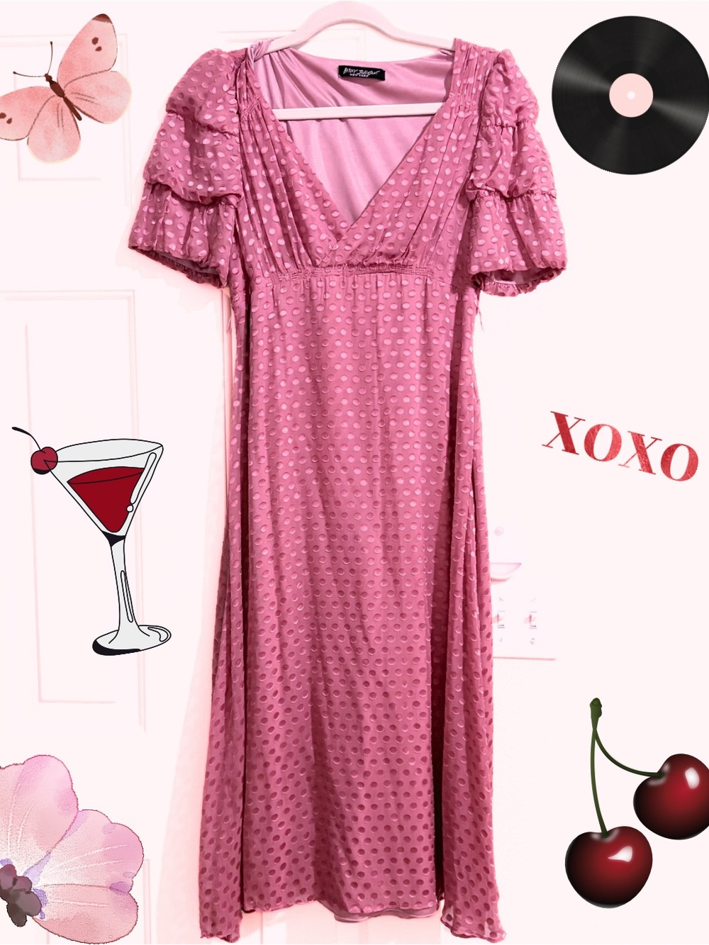 Vintage Betsey Johnson New York Dusty Rose Pink Swiss Dot Midi Dress